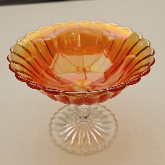 Candy Dish, Carnival Glass Marigold w/scalloped/ribbed Depression Glass - Picture 1 of 1